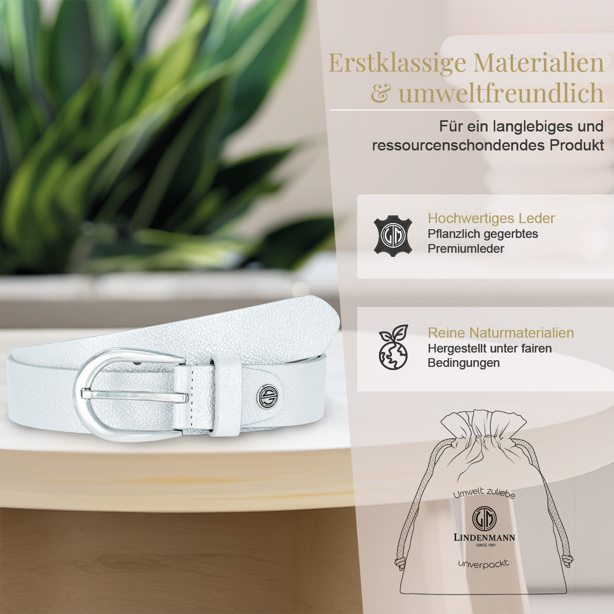 LINDENMANN Klassischer Damengürtel aus 100% Echtleder mit Glitzer-Design silber