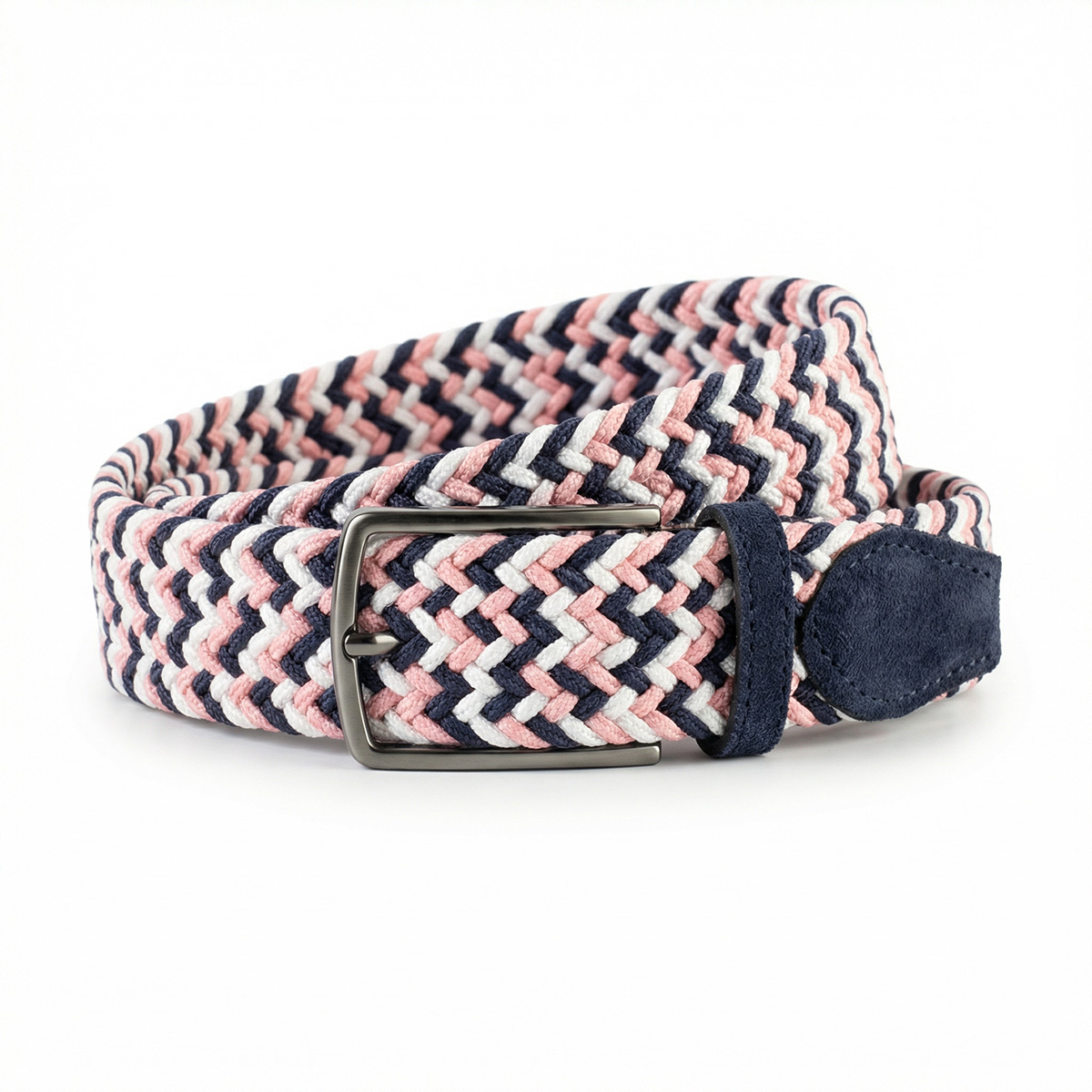 LINDENMANN Herren Flechtgürtel mit Enden aus 100% echtem Veloursleder lachs-marine-weiss