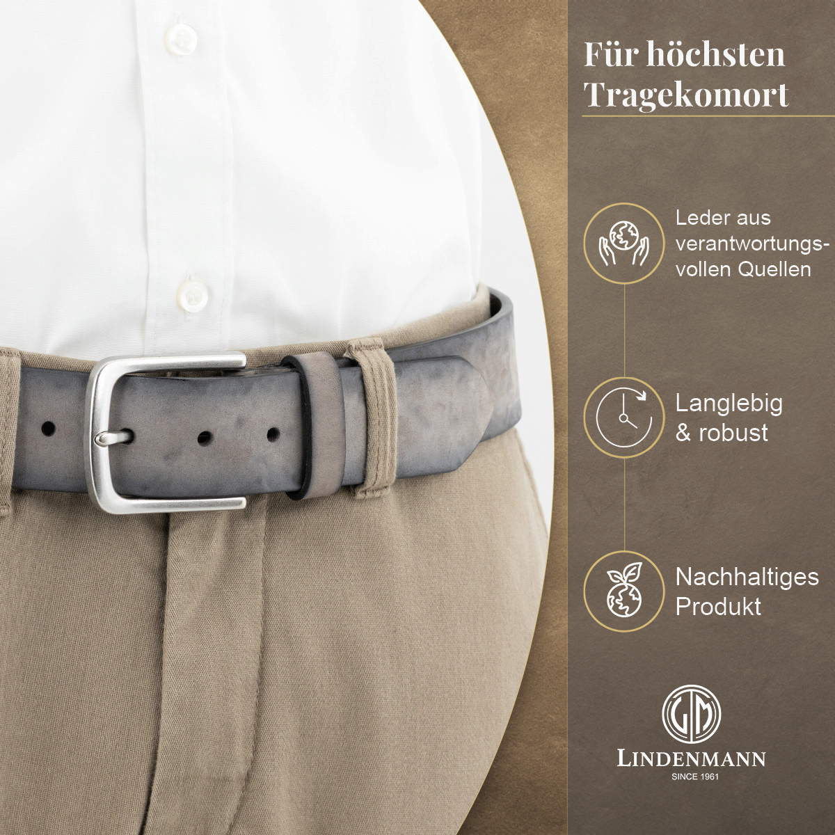 LINDENMANN Herrengürtel aus 100% Vollrindleder grau