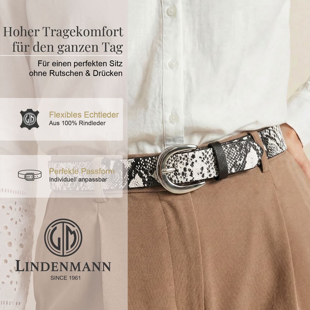 Gürtel, Snake-Print, Leder, Beige, Taillengürtel, LINDENMANN Damen Echtledergürtel schwarz weiß