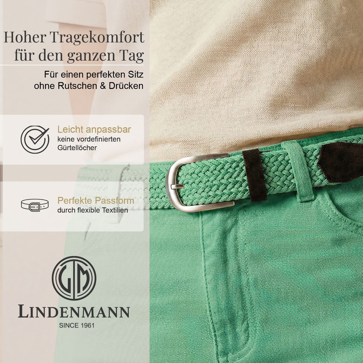 LINDENMANN Damen Stretchgürtel mit 100% Echtlederenden grün