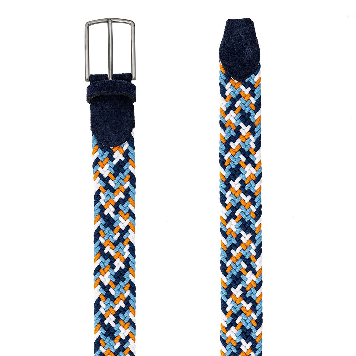 Gürtel, Schnalle, Geflochten, Mehrfarbig, Textilet, LINDENMANN Herren Flechtgürtel mit Echtleder an den Enden mehrfarbig: marine, jeansblau, orange