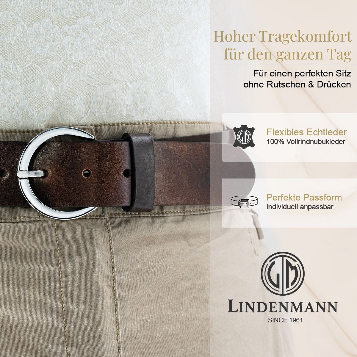Zubehor, Gürtel, Schnalle, LINDENMANN Vollrindledergürtel Damen braun
