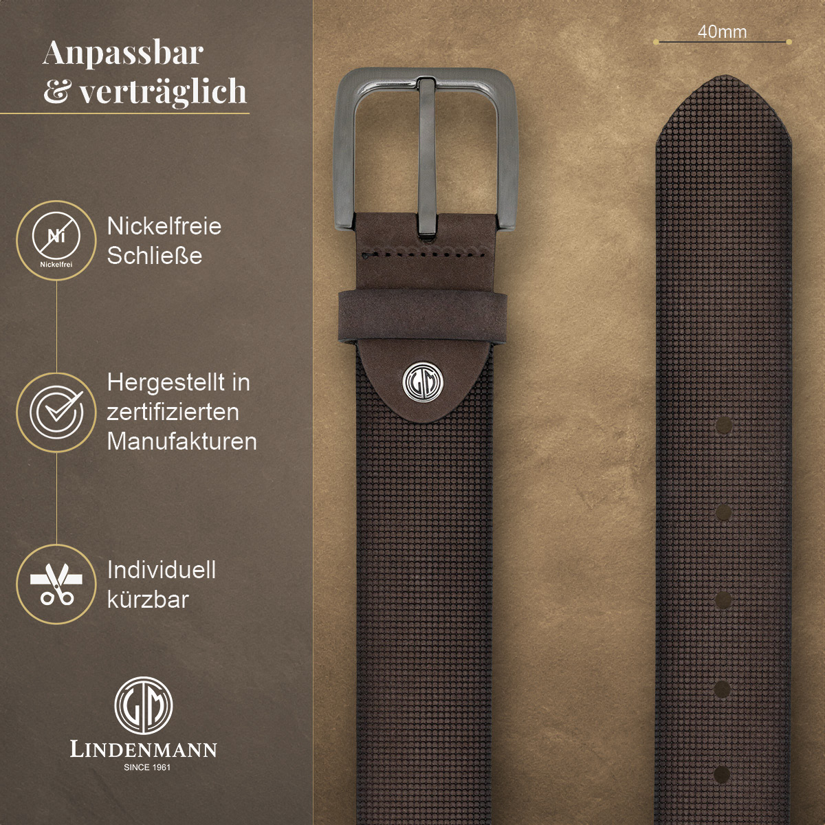 LINDENMANN Vollrindledergürtel Herren Schokoladenbraun