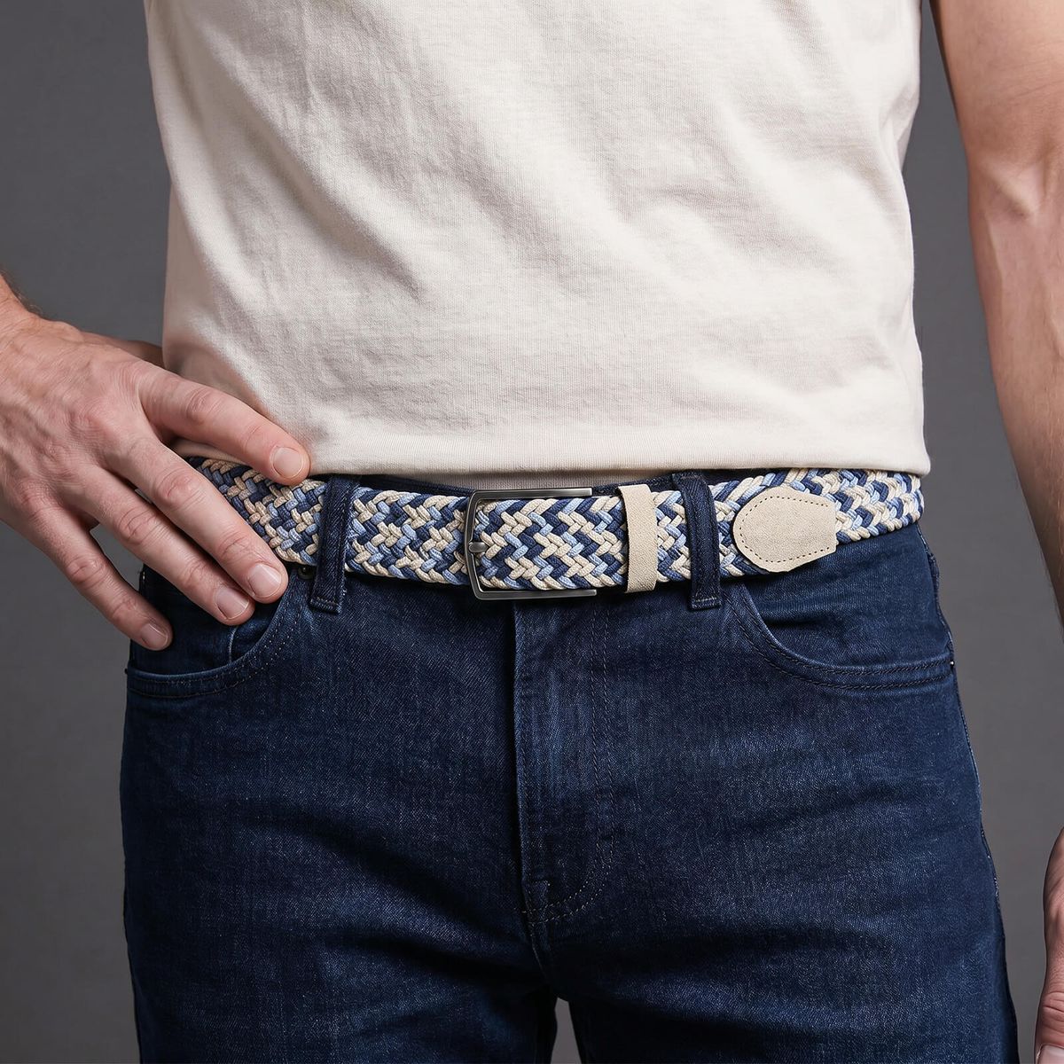 LINDENMANN Herren Flechtgürtel mit Echtleder an den Enden mehrfarbig: jeansblau, marine, taupe