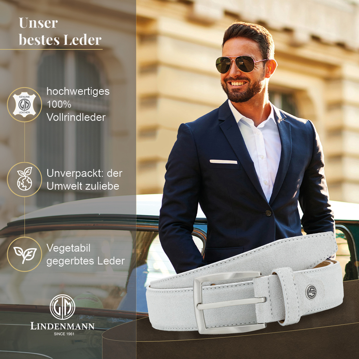 LINDENMANN Herrengürtel Veloursleder Elfenbein
