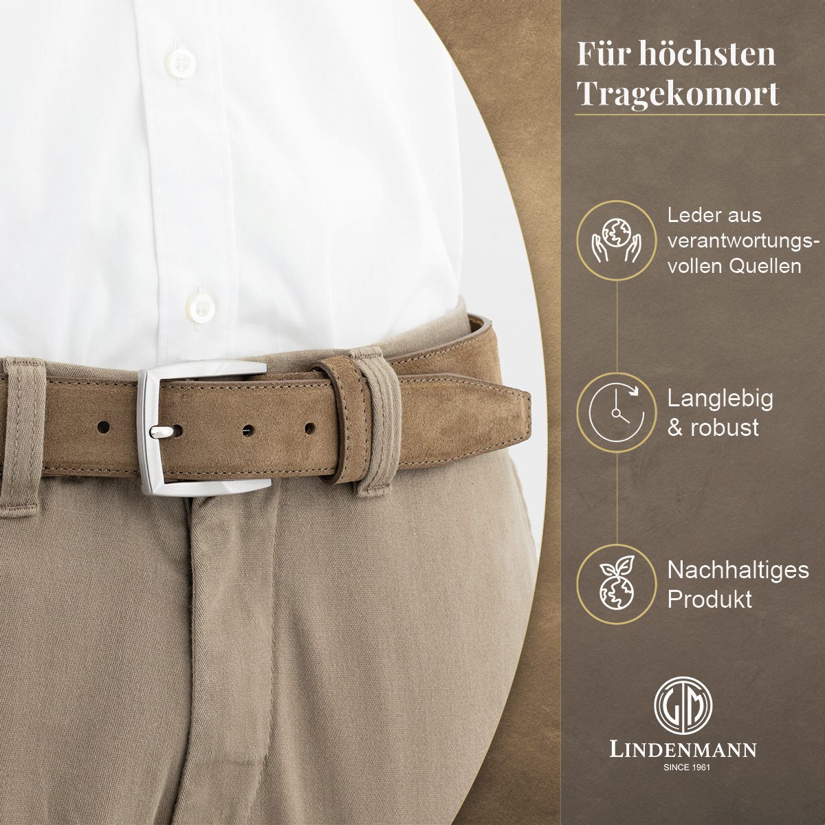 LINDENMANN Herrengürtel aus 100% Velours-Vollrindleder taupe