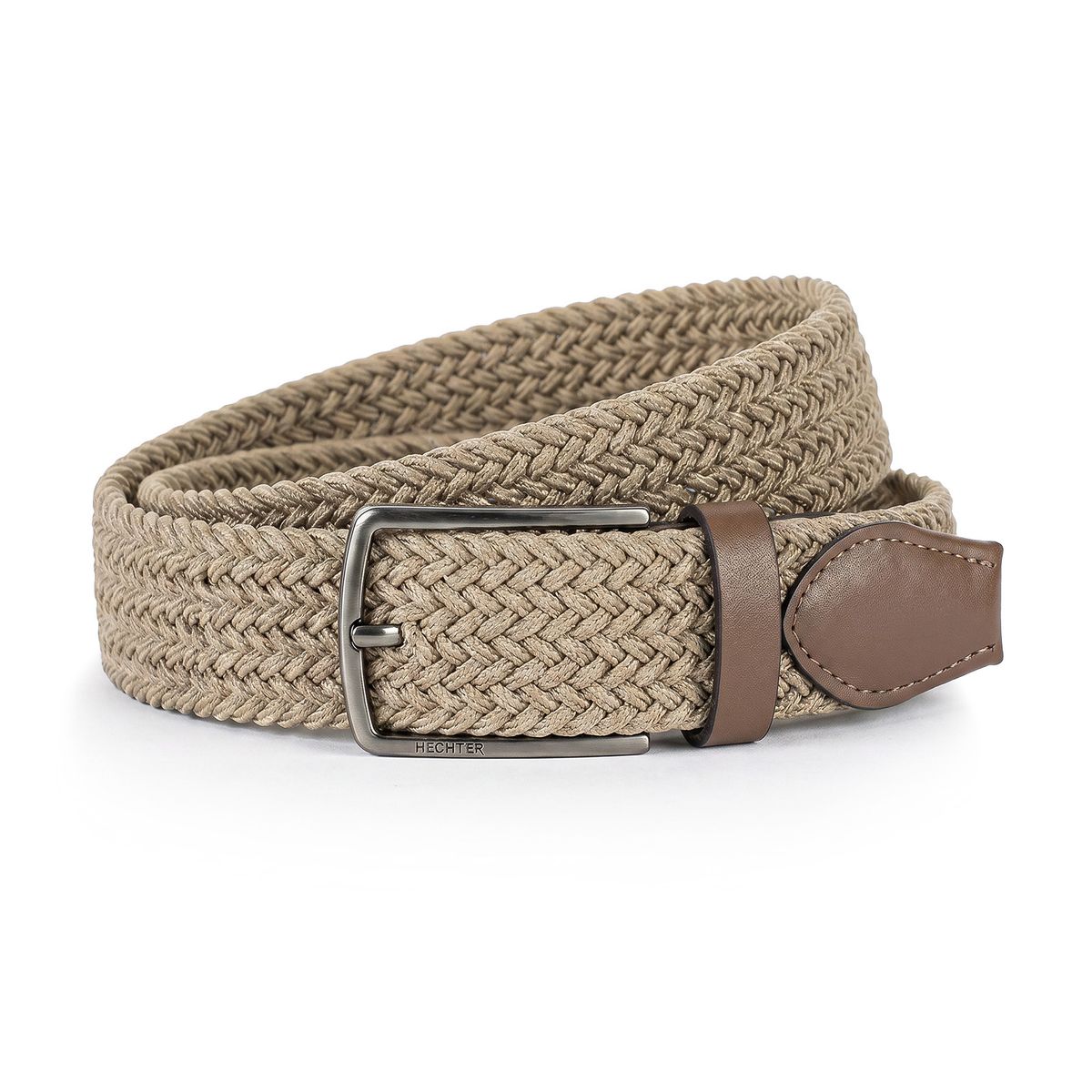 Gurtel, Strickband, Naturfarbe, Metall-Schnalle, Lederlasche, HECHTER Paris Herren Textil-Flechtgürtel mit 100% Echtlederenden taupe