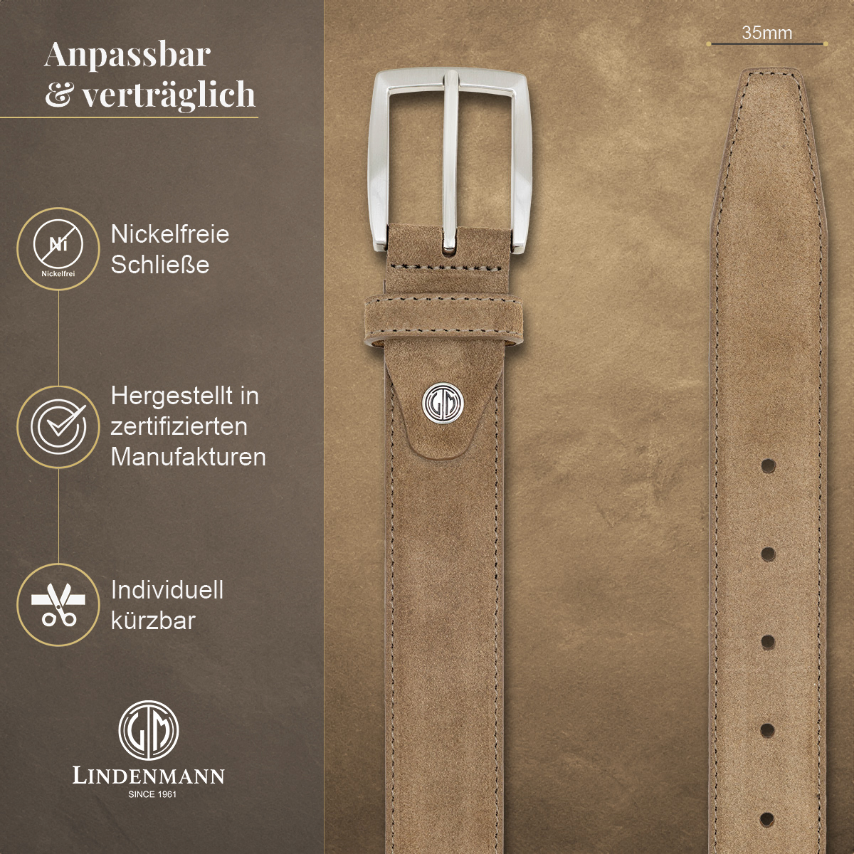 LINDENMANN Herrengürtel aus 100% Velours-Vollrindleder taupe