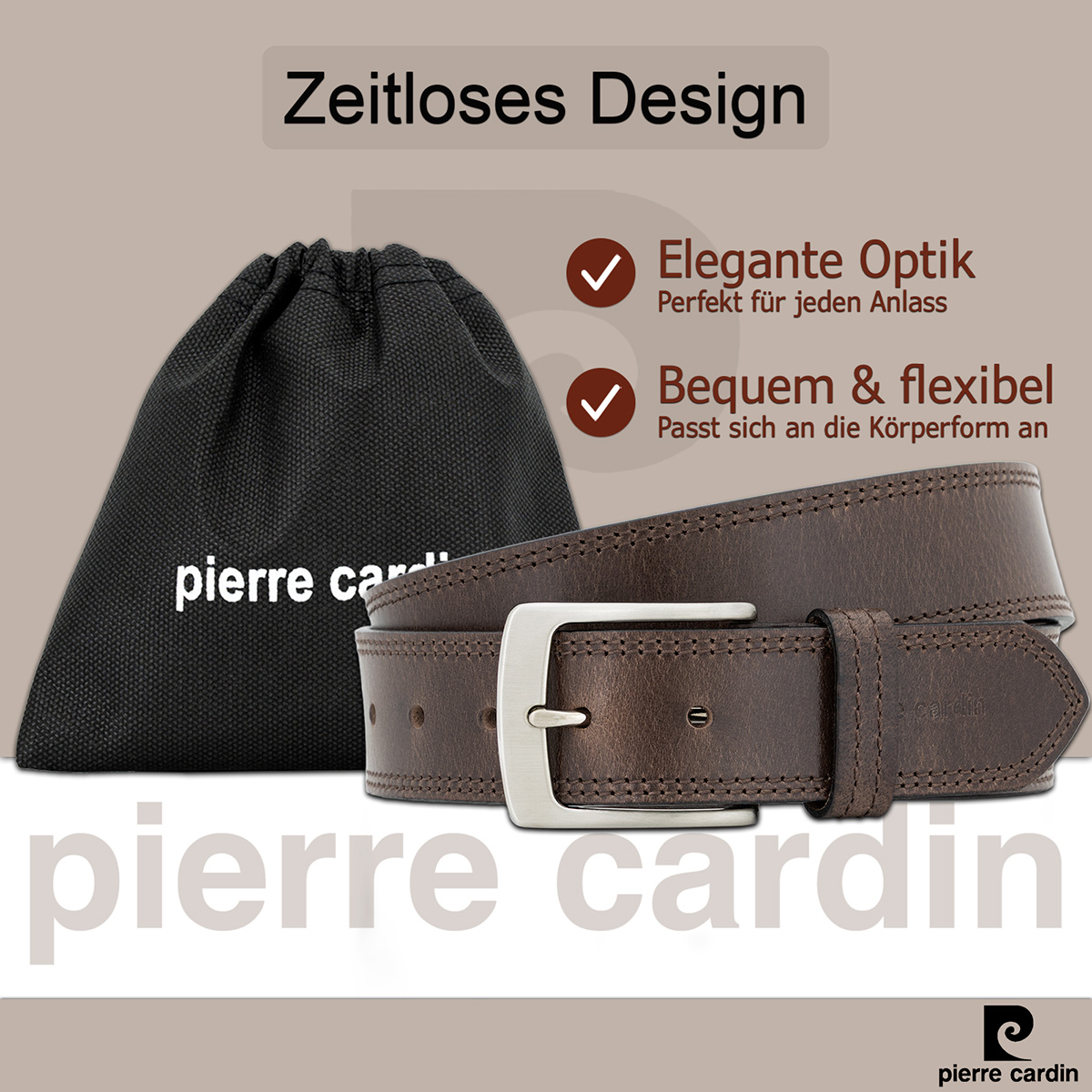 Pierre Cardin Leder-Gürtel Herren, Jeans-Gürtel Herren 40 mm breit, Gürtel Herren, Vollrindleder XL dunkelbraun