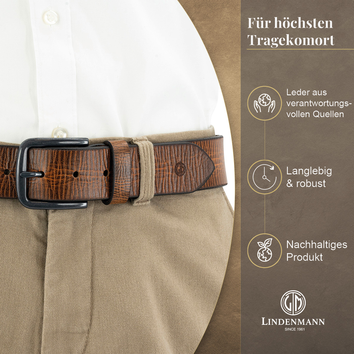 LINDENMANN Vollrindleder Herrengürtel Cognac