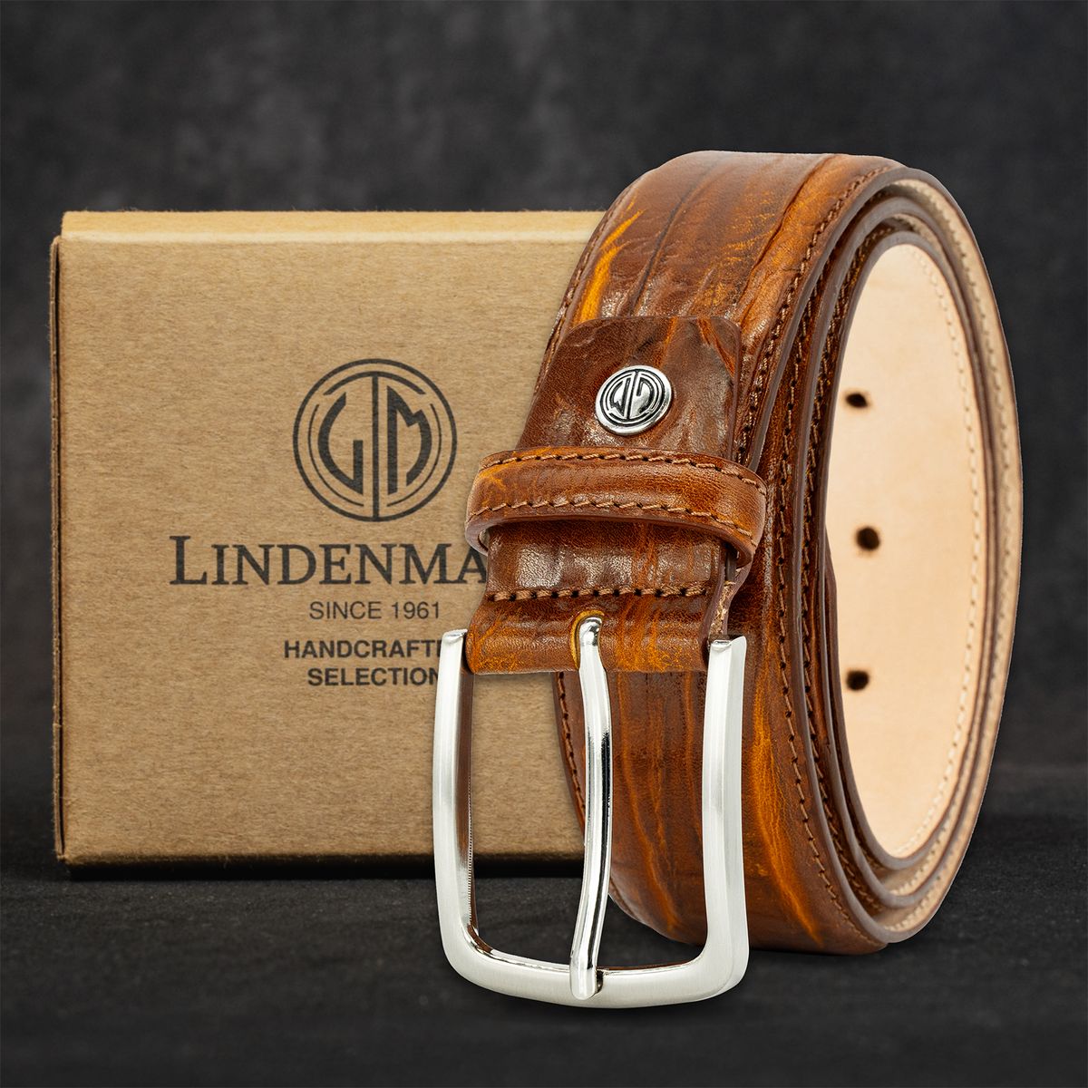 LINDENMANN Handmade Rindleder Herrengürtel cognac