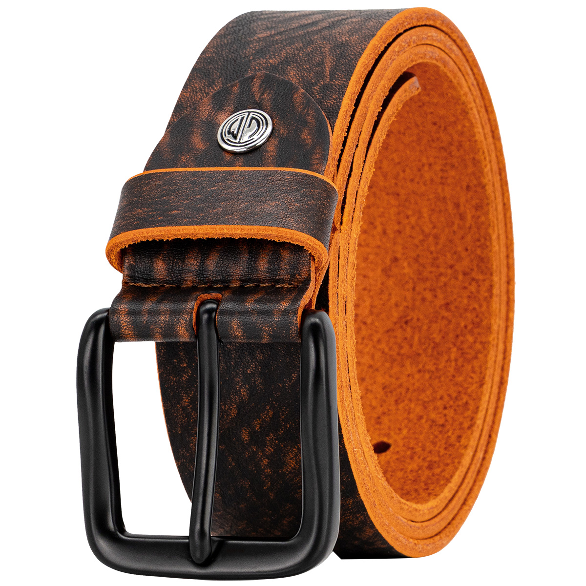 Ledergürtel, orangene Kante, braun-schwarz Muster, Spange, Casual-Gürtel, LINDENMANN Herren Vollledergürtel passend zu Jeans cognac