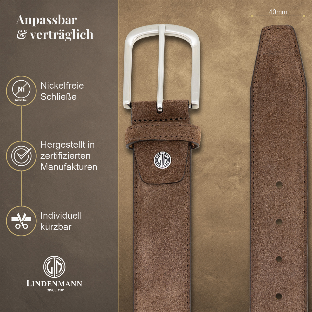 LINDENMANN Herrengürtel aus 100% Velours-Vollrindleder dunkelbraun