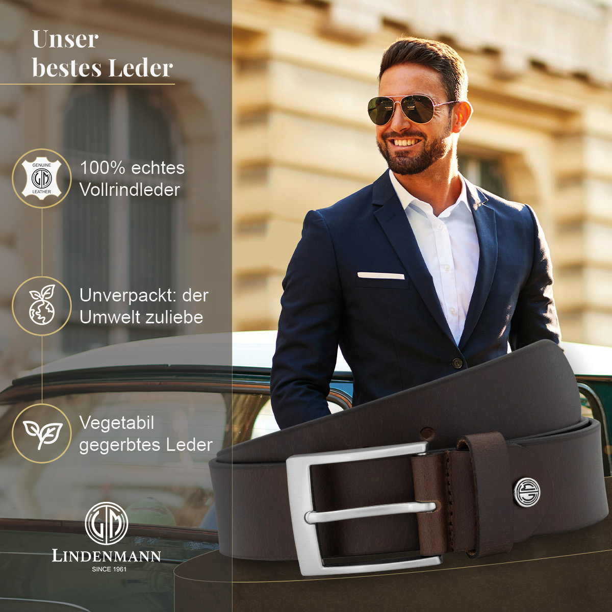 LINDENMANN Vollrindledergürtel Herren Schokoladenbraun