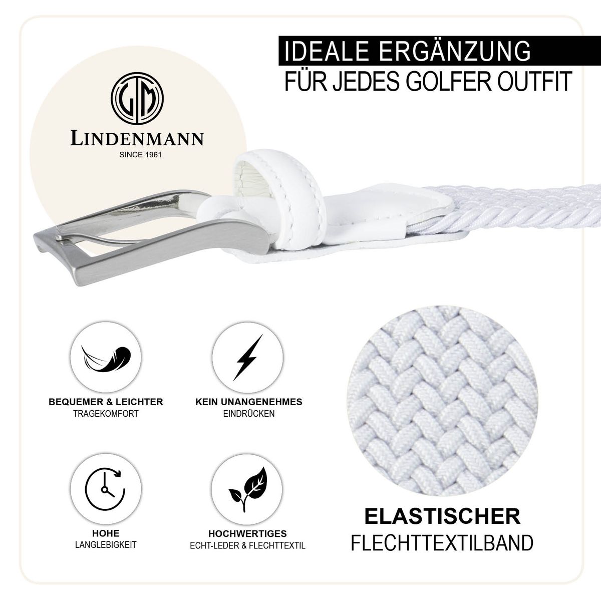 LINDENMANN Textil-Flechtgürtel Herren 35 mm weiß