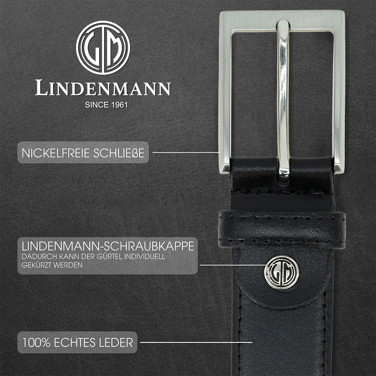 LINDENMANN Herrengürtel Rindleder schwarz LINDENMANN Ledergürtel Herren schwarz