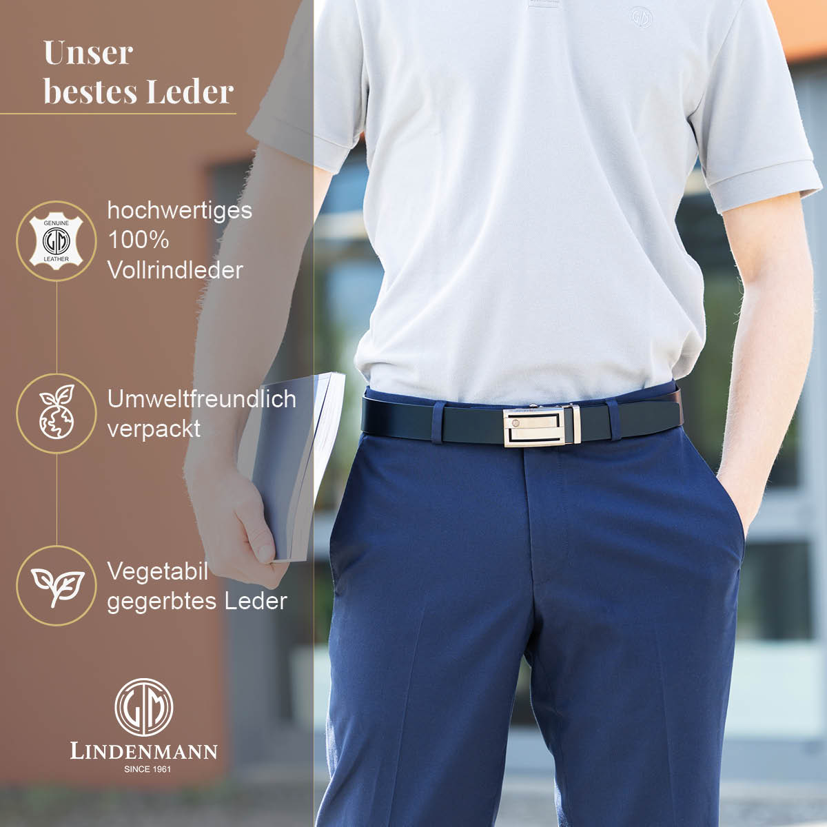 LINDENMANN Ledergürtel Automatikgürtel Herren blau