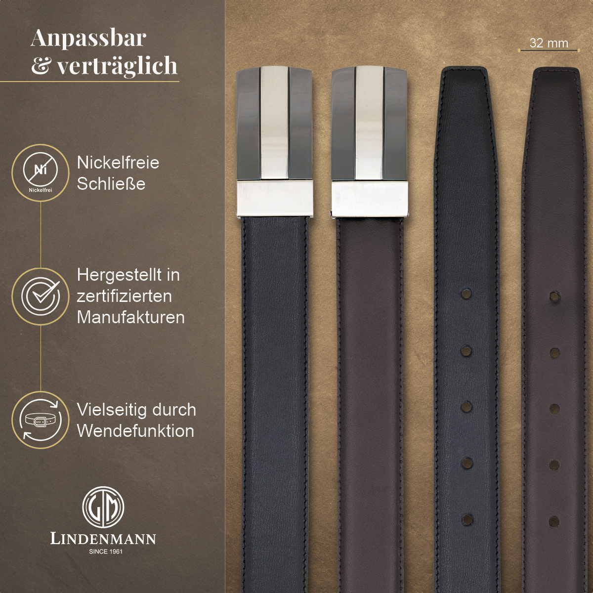 LINDENMANN Herrenwendegürtel mit Koppelschließe aus 100% Vollrindleder schwarz/dunkelbraun