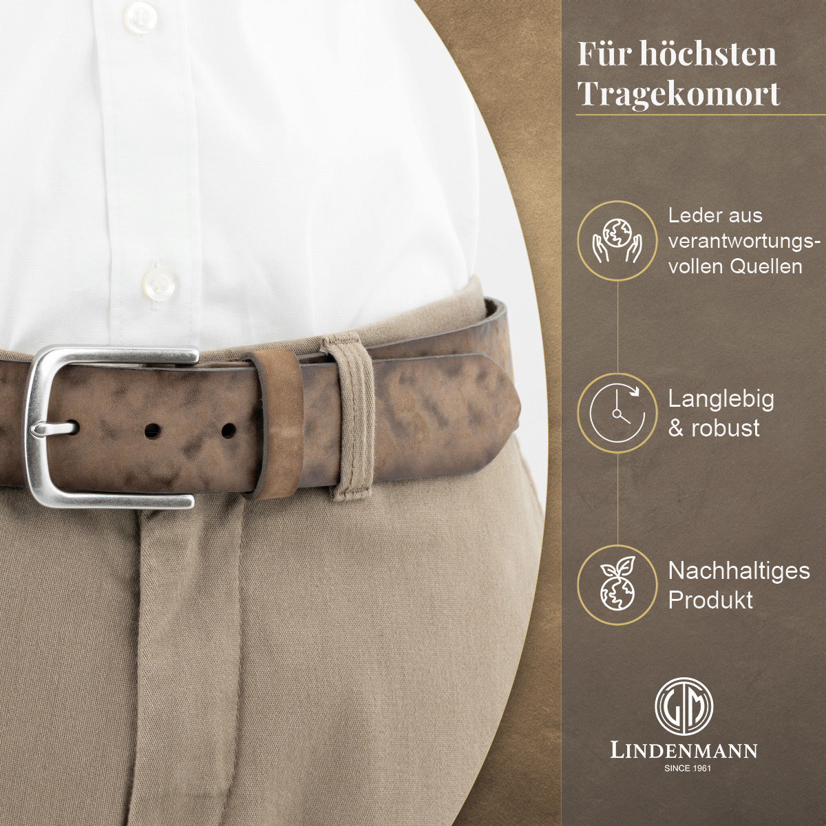 LINDENMANN Herrengürtel aus 100% Vollrindleder mittelbraun