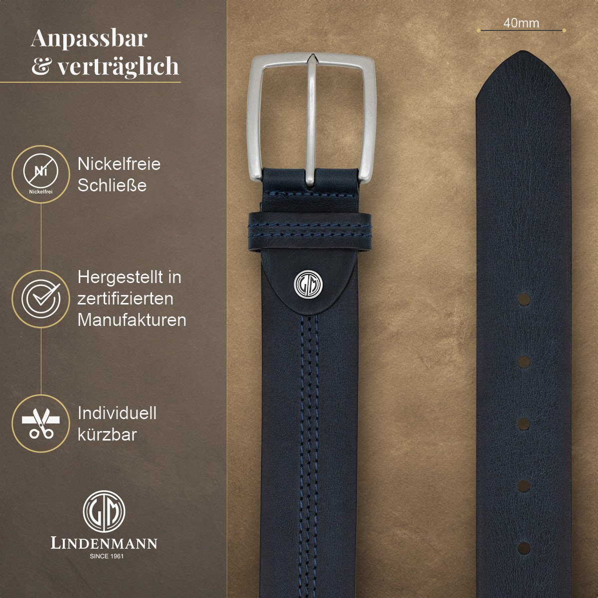 LINDENMANN Vollrindledergürtel Herren Marine