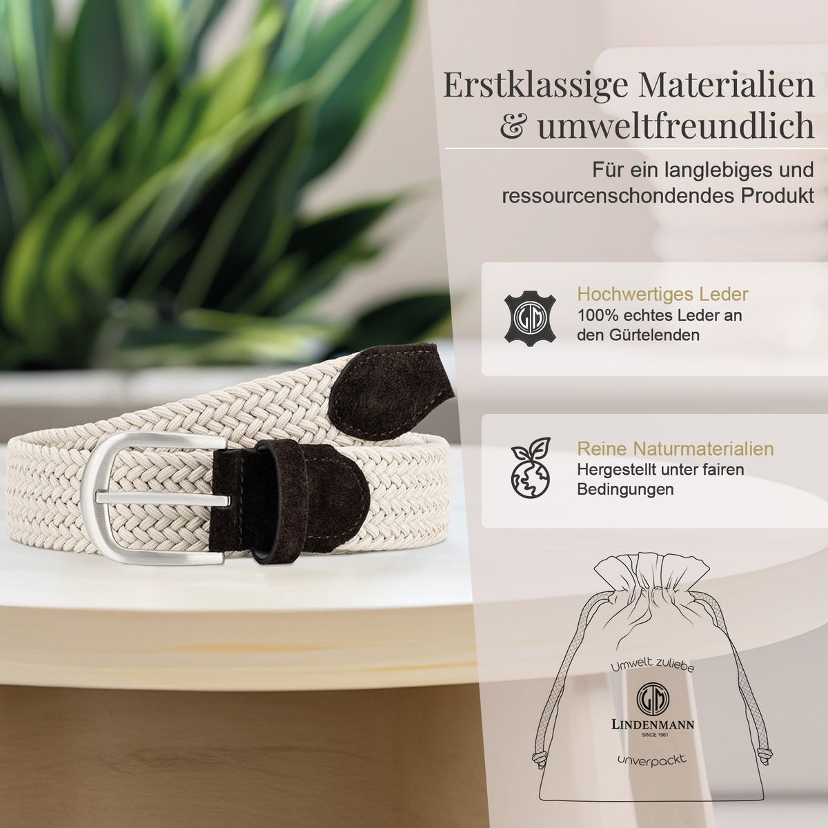 Gürtel, Leder, Hellbraun, Geflochten, Kein Markenname, LINDENMANN Damen Flechtgürtel mit 100% echtem Rindleder an den Enden beige