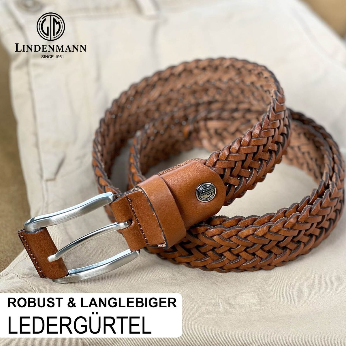 LINDENMANN Gürtel Herren geflochten 35 mm cognac