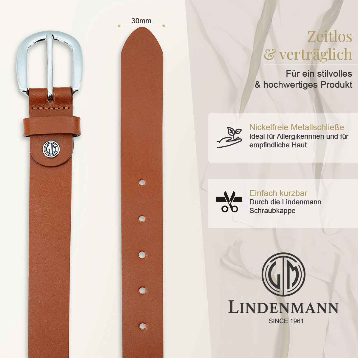 ledergürtel, braun, stahlöse, gürtelbreite30mm, gürtelschnalle, LINDENMANN Rindledergürtel Damen Cognac