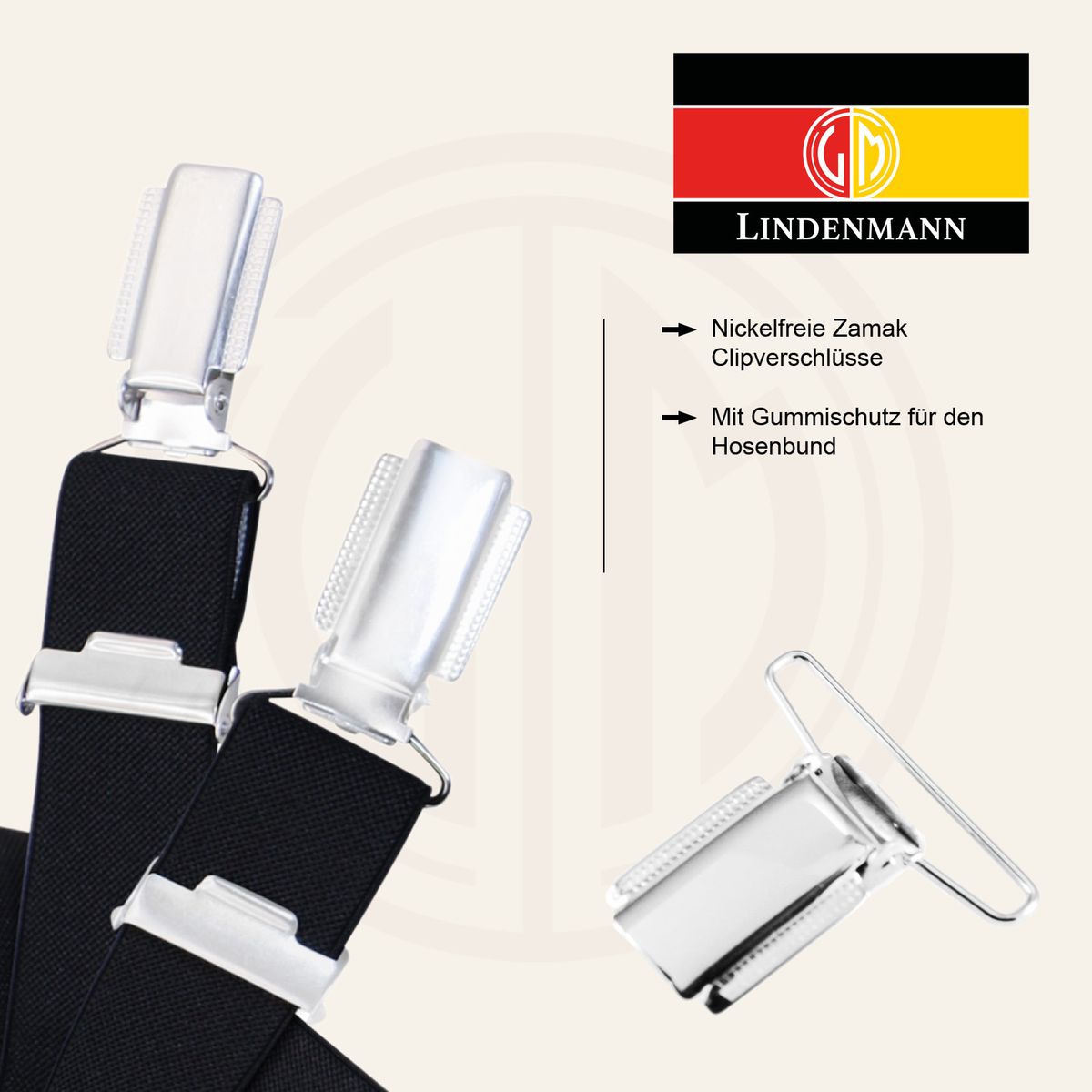 LINDENMANN Hosenträger Herren schwarz Länge 120 cm Y-Form mit dunklen Clipsen