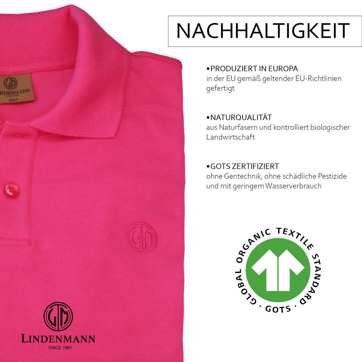 LINDENMANN Poloshirt Herren kurzarm pink Bio Baumwolle Made in EU