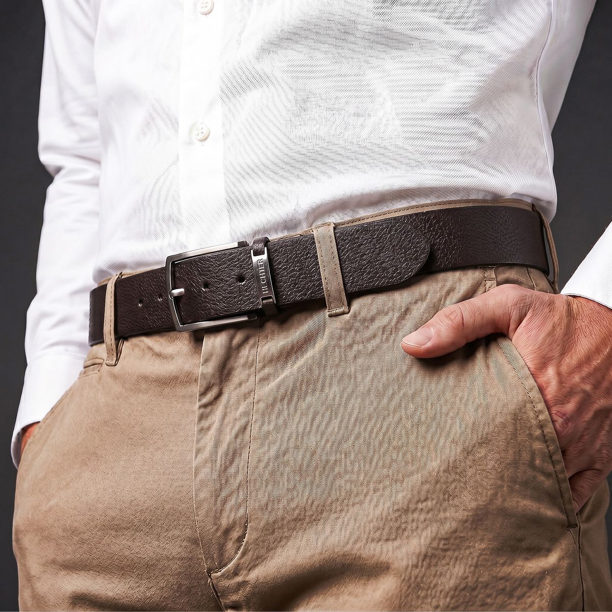 Leder-Gürtel, brauner Gürtel, Gürtel mit Schnalle, metallische Schnalle, Hemd passt dazu, HECHTER Paris Herren 100% Echtledergürtel dunkelbraun