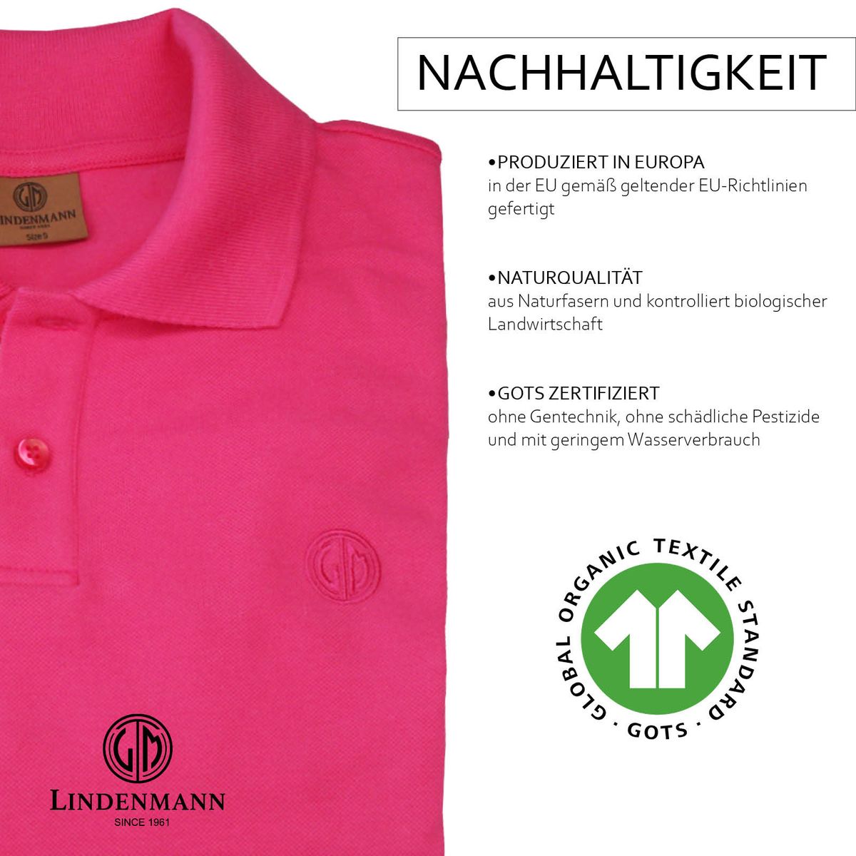 LINDENMANN Poloshirt Herren slim fit kurzarm pink Bio Baumwolle Made in EU