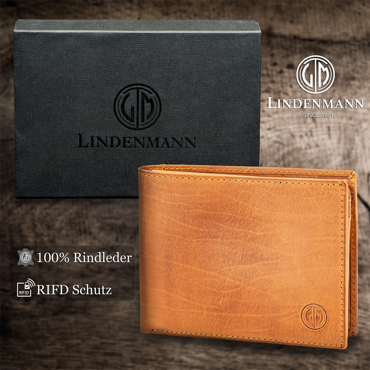 LINDENMANN Herren Leder Portemonnaie cognac