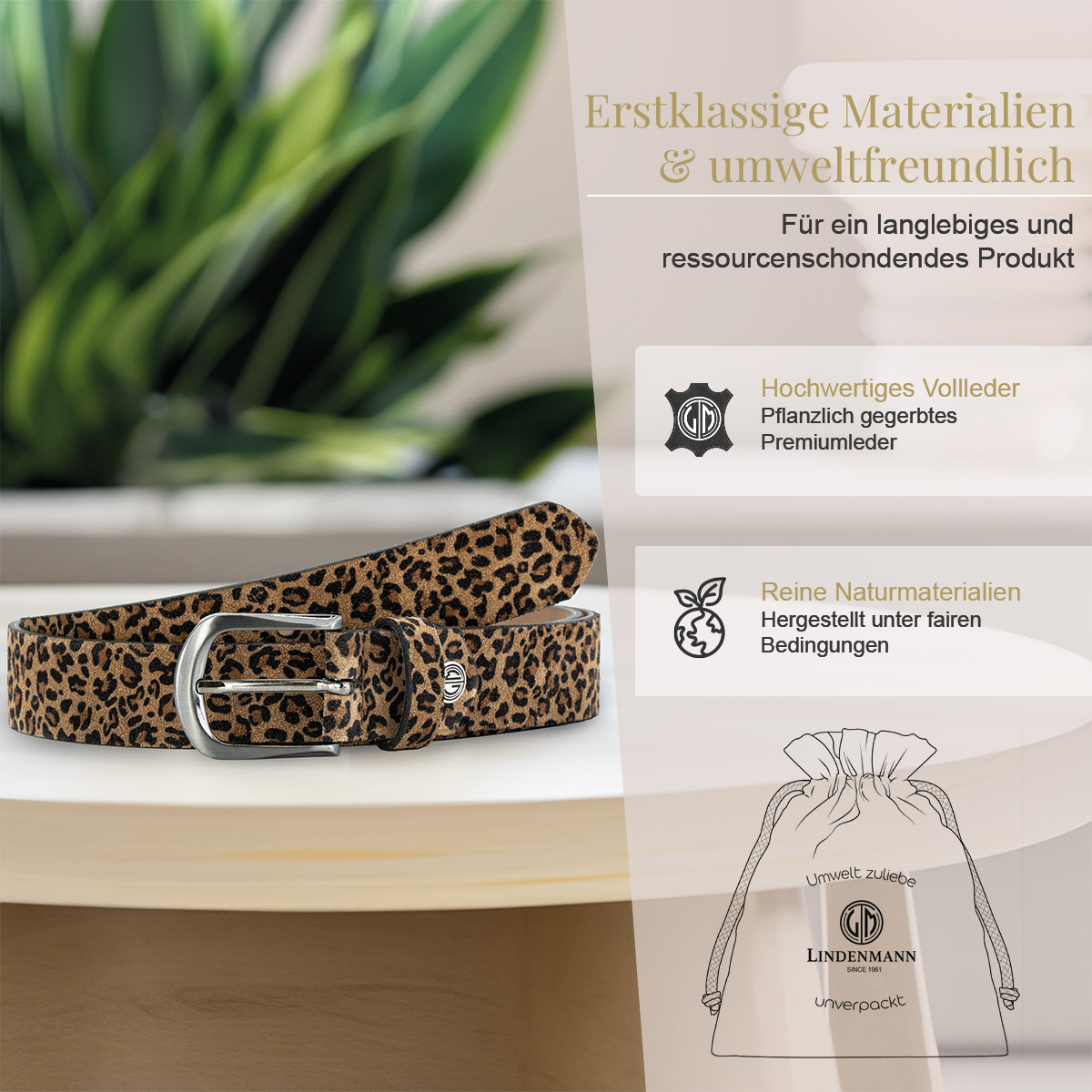 LINDENMANN Veloursleder Damengürtel Nussbraun mit Leopardprägung