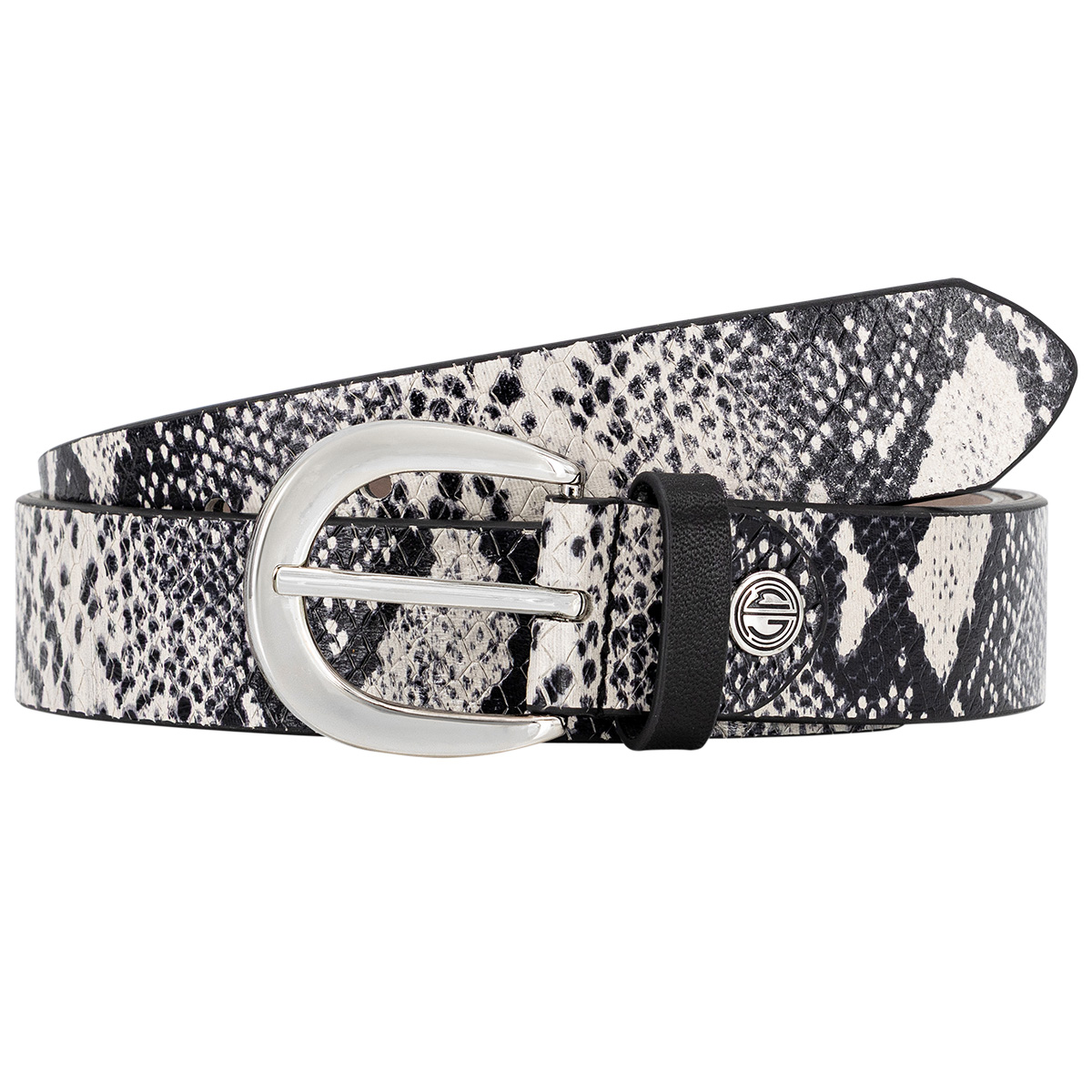 Gürtel, Schlangenleder-Optik, Snake print, Metallischer Schnallen, Schwarz-Weiß, LINDENMANN Damen Echtledergürtel schwarz weiß