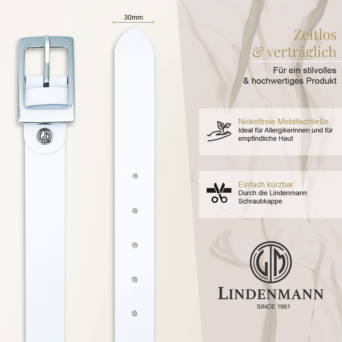 weißer-gurt, metallschnalle, 30mm-breite, lederband, lindenmann-marke, LINDENMANN Rindledergürtel Damen Schneeweiß
