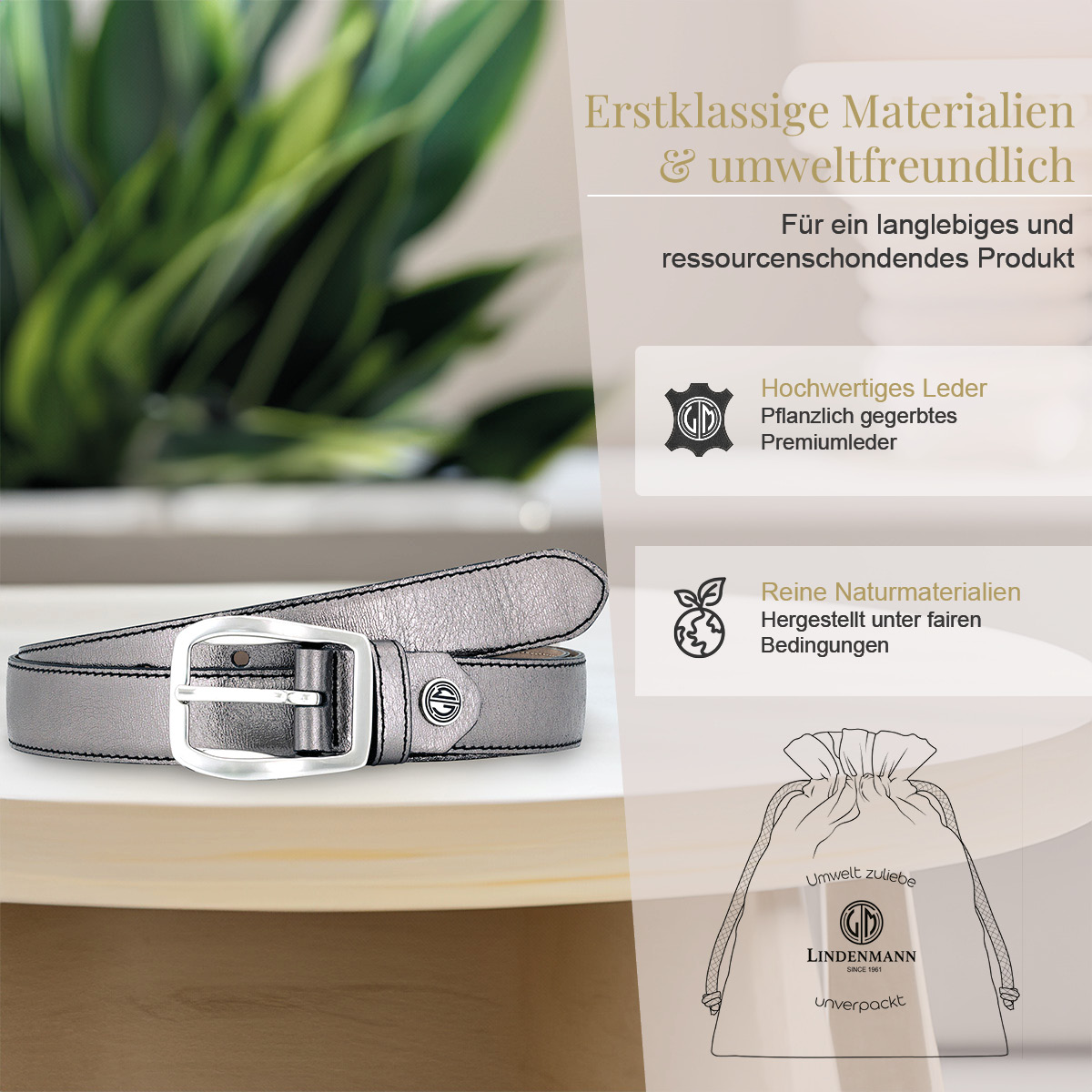 LINDENMANN Rindleder Damengürtel Silber Metallic