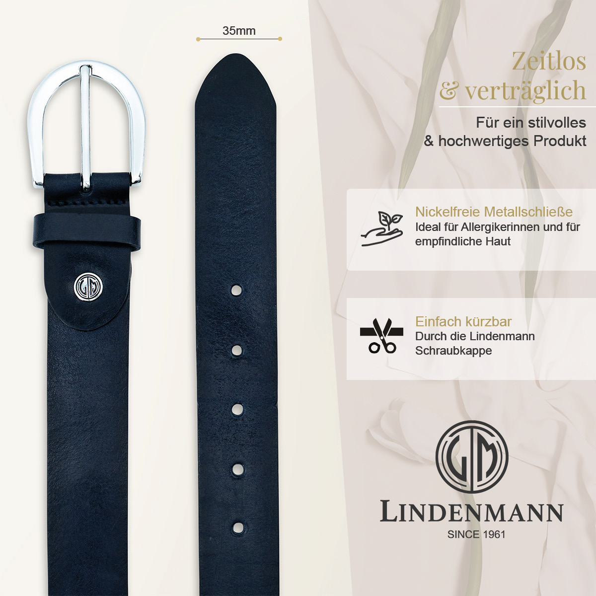 LINDENMANN Klassischer Damengürtel aus 100% Echtleder marine