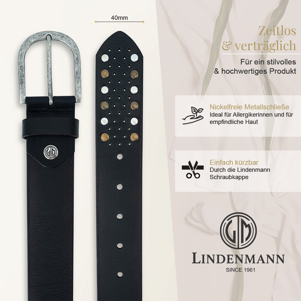 LINDENMANN Klassischer Damengürtel aus 100% Echtleder mit Nieten-Design anthrazit