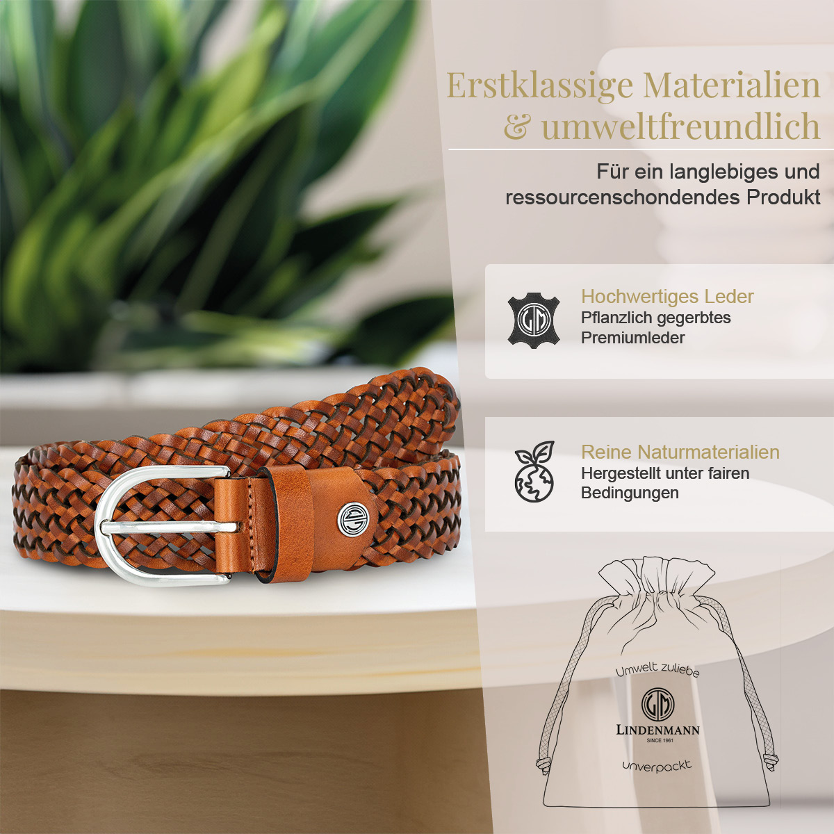 LINDENMANN Vollrindleder Damenlederflechtgürtel Cognac