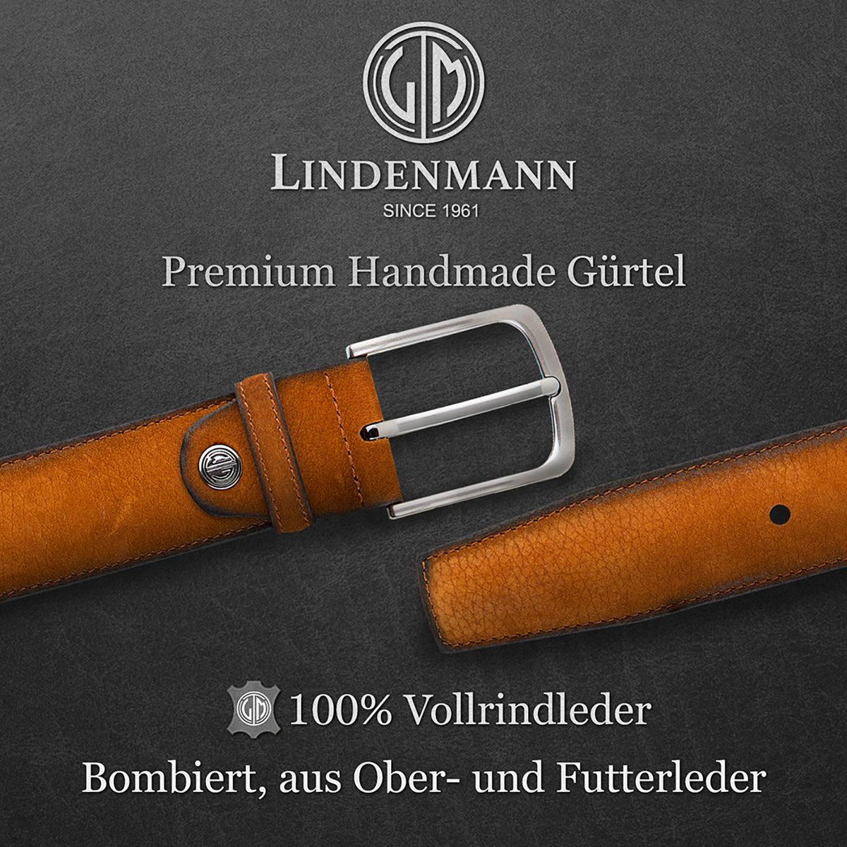LINDENMANN Herren Ledergürtel Handmade cognac