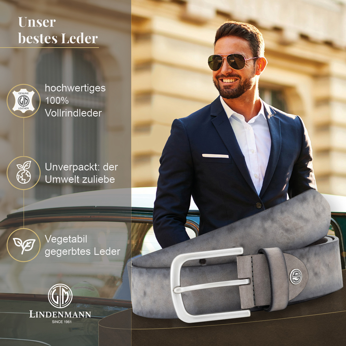 LINDENMANN Herrengürtel aus 100% Vollrindleder grau