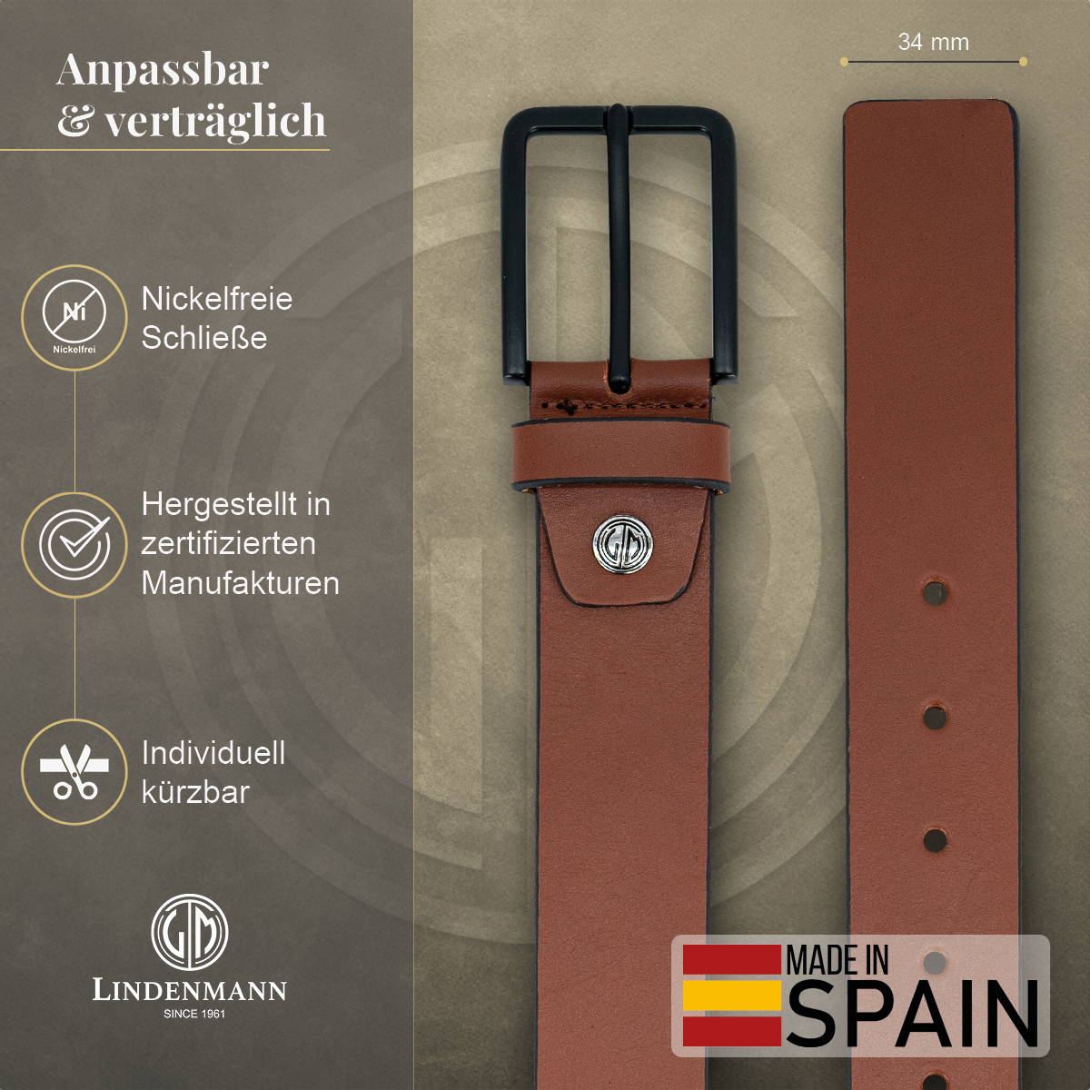 LINDENMANN Herren Jeansgürtel Echtleder cognac