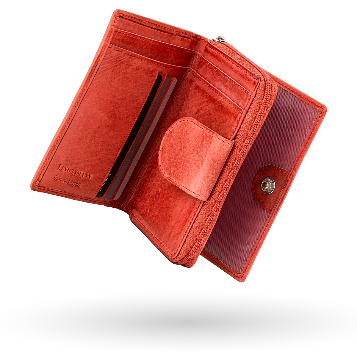 Geldbörse, Portemonnaie, Kartenfächer, Rot, Reißverschluss, LINDENMANN Damen Leder Portemonnaie rot