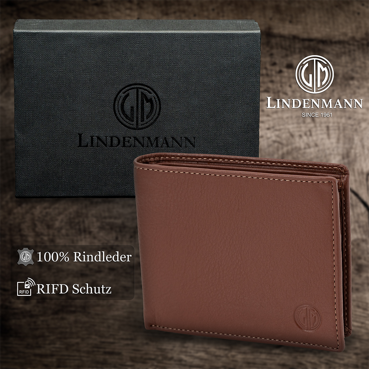 LINDENMANN Geldbeutel Herren / Herren Portemonnaie, Rindleder matt, cognac