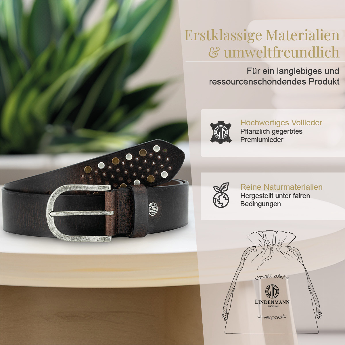 LINDENMANN Klassischer Damengürtel aus 100% Echtleder mit Nieten-Design dunkelbraun