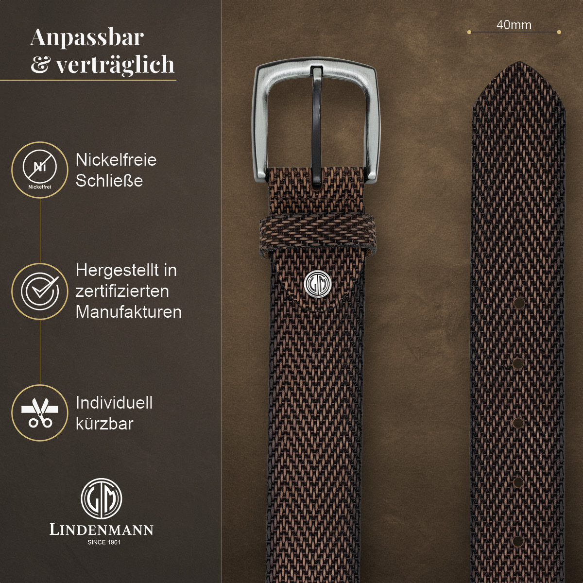 LINDENMANN Vollrindledergürtel Herren Nussbraun