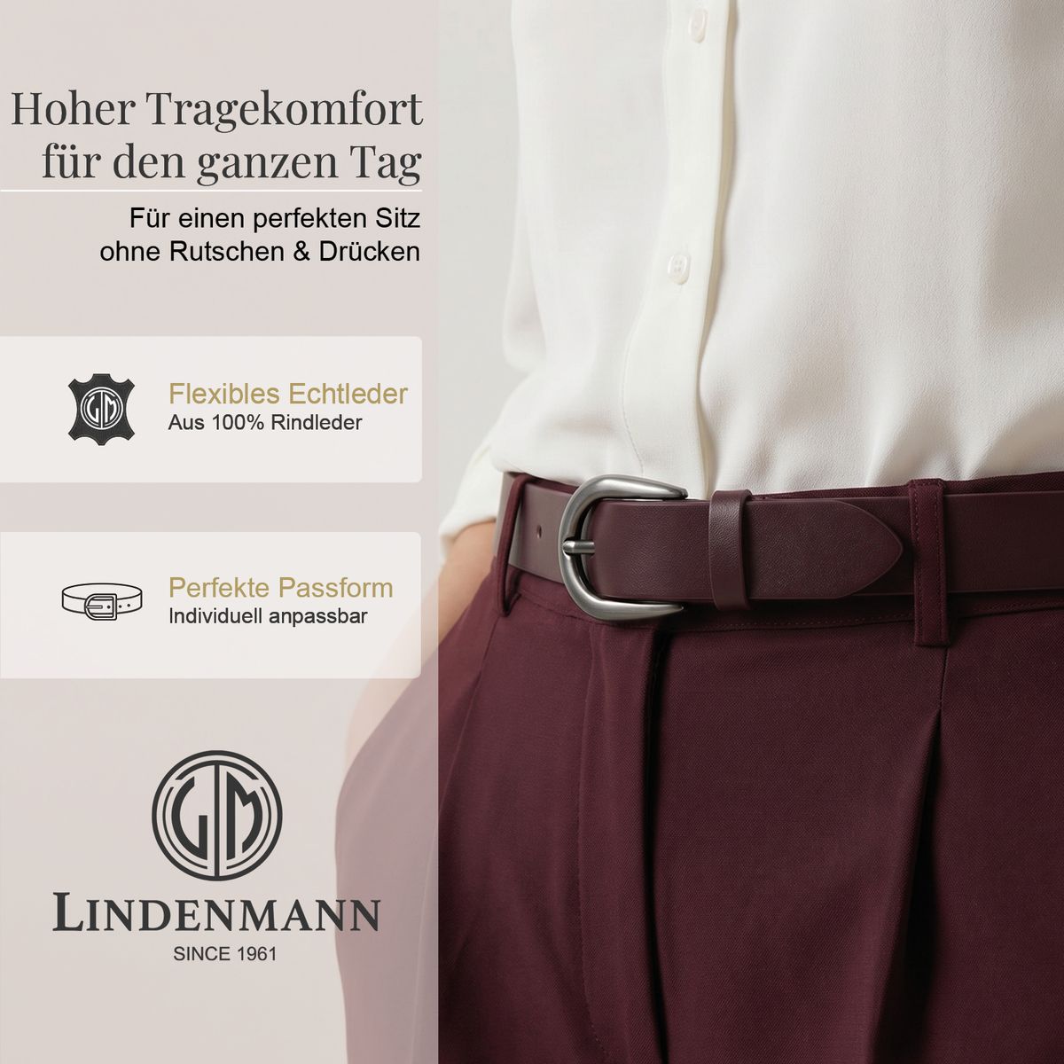 LINDENMANN Klassischer Damengürtel aus 100% Echtleder bordeaux