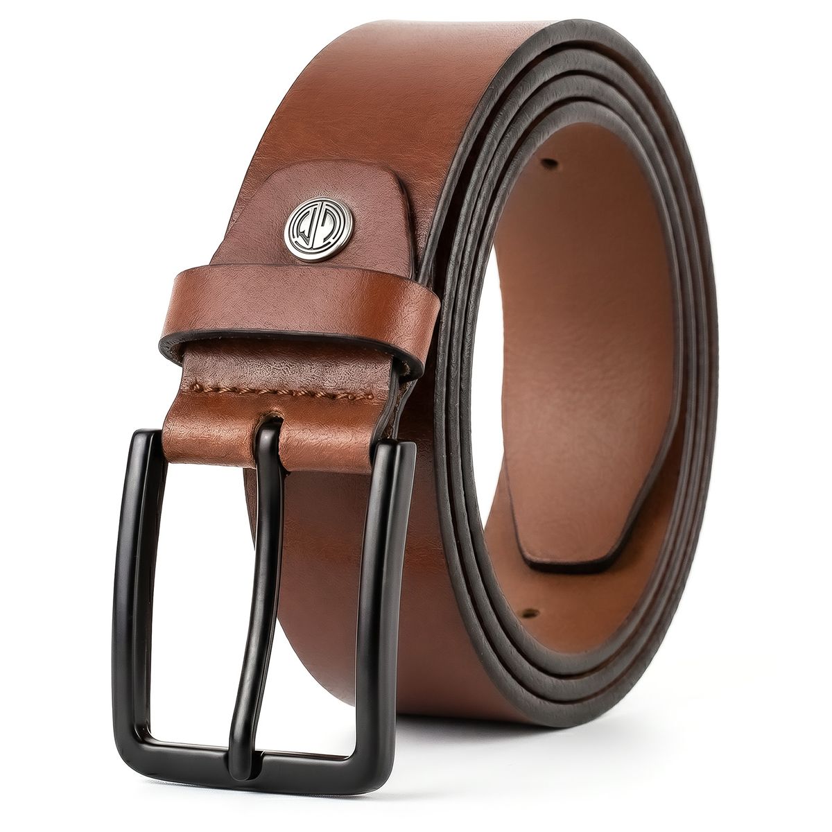 Gürtel, Leder, Braun, Druckknopf-Logo, Metallniete, LINDENMANN Herren Jeansgürtel Echtleder cognac