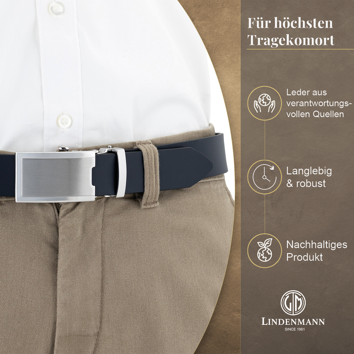 LINDENMANN eleganter Anzugautomatikgürtel für Herren aus 100% Vollrindleder in marine passend zu elegantem Stil
